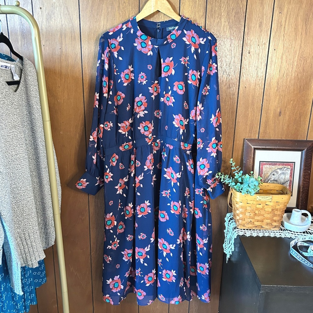 ModCloth Floral Midi Dress Long Sleeve Keyhole Neck Navy Blue Occasion‎ 3x
